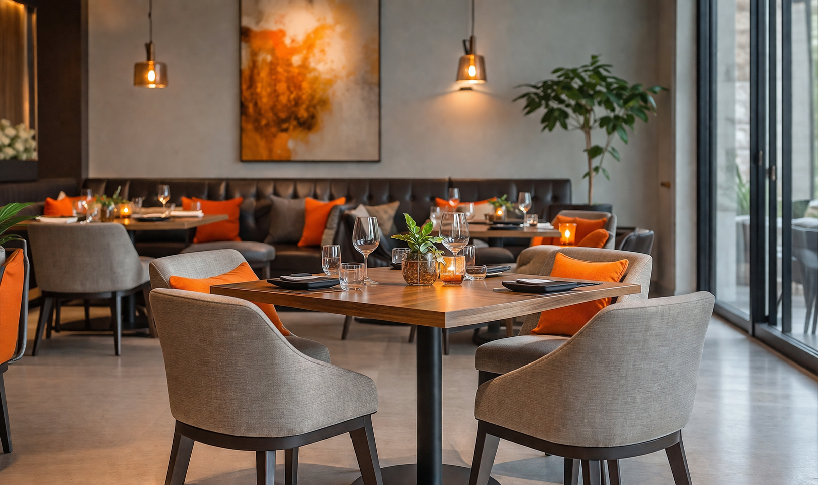 Restaurant interior design with modern seating, warm lighting and premium ambiance